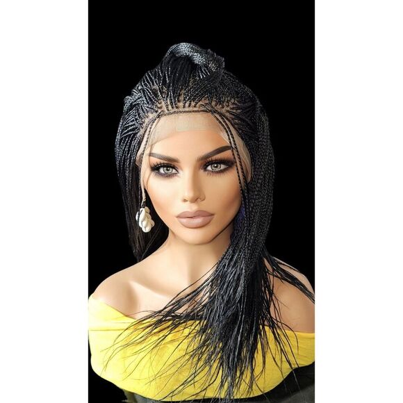 Full Lace Hand-Braided wig color # 1 Jet Black micro...